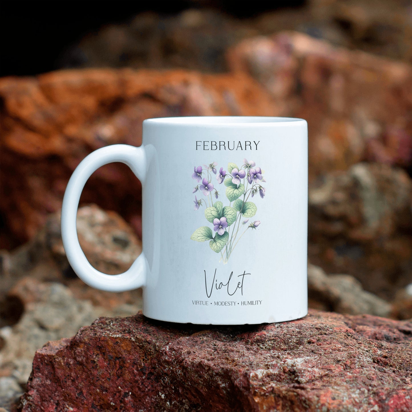 February Birthday Mug, Violet Flowers Drinkware