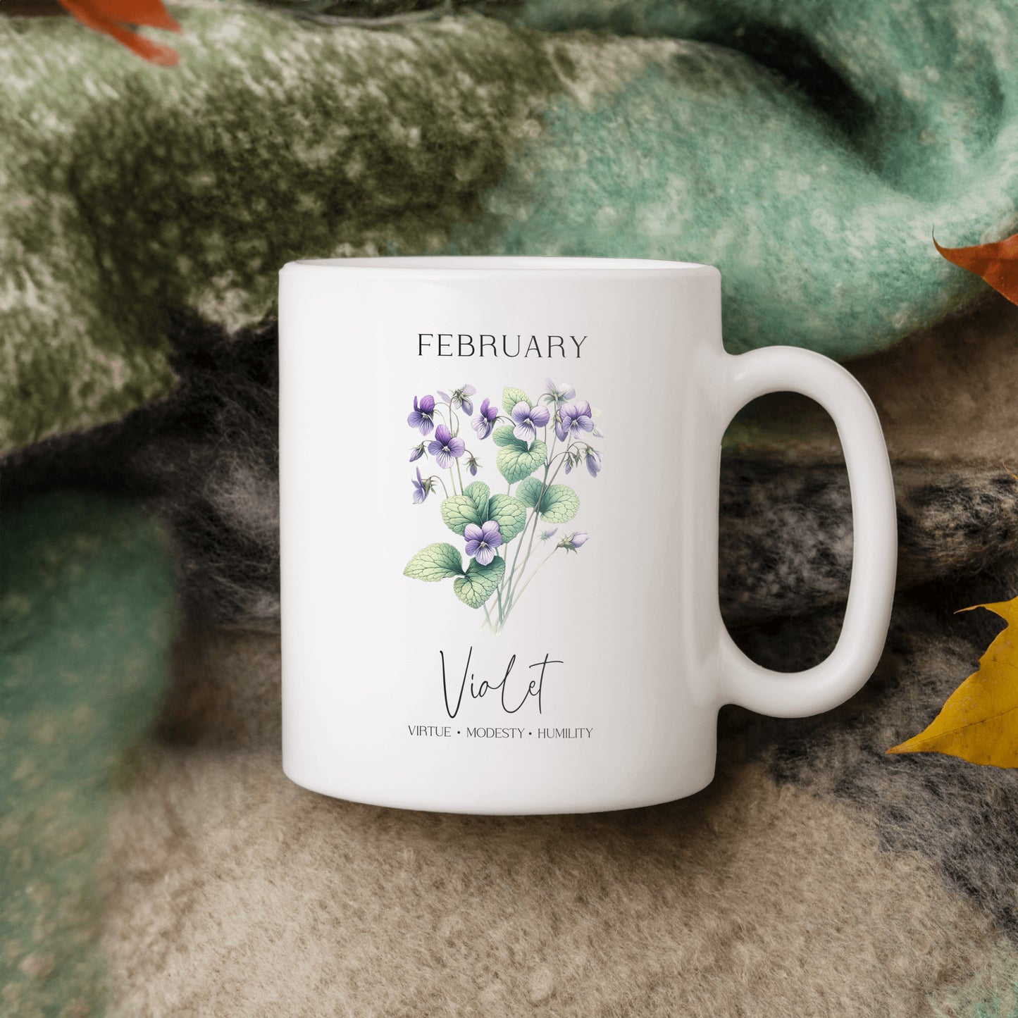 February Birthday Mug, Violet Flowers Drinkware