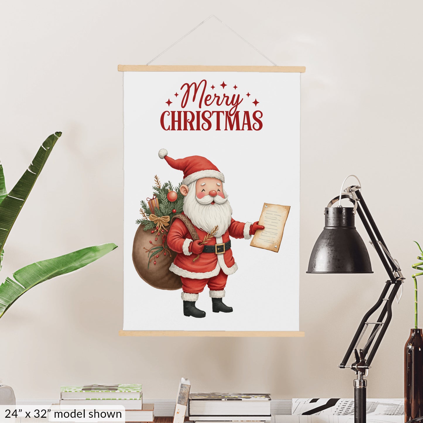 Merry Christmas Santa Wall Art, Red Holiday Canvas
