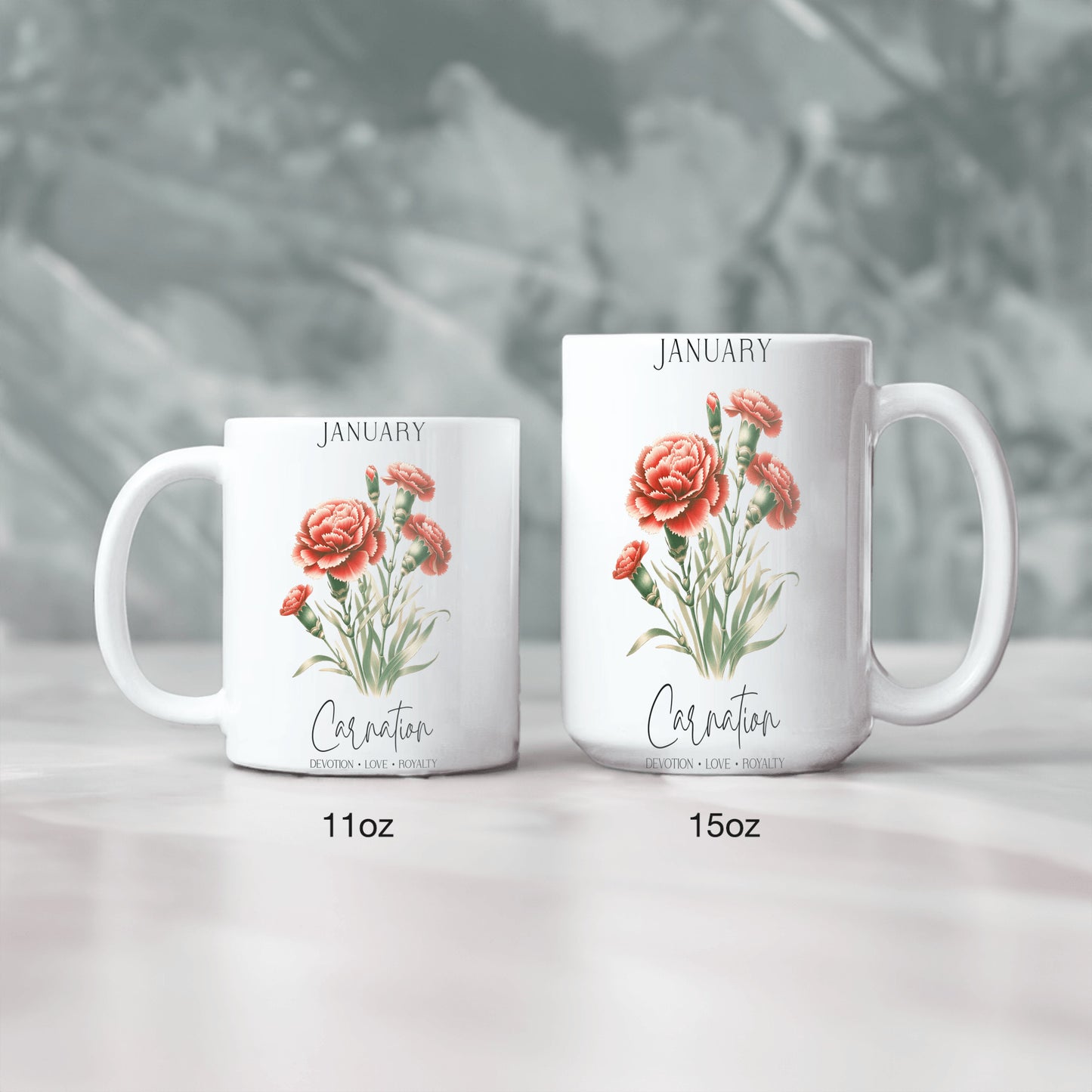 January Birthday Mug, Carnation Flowers Gift