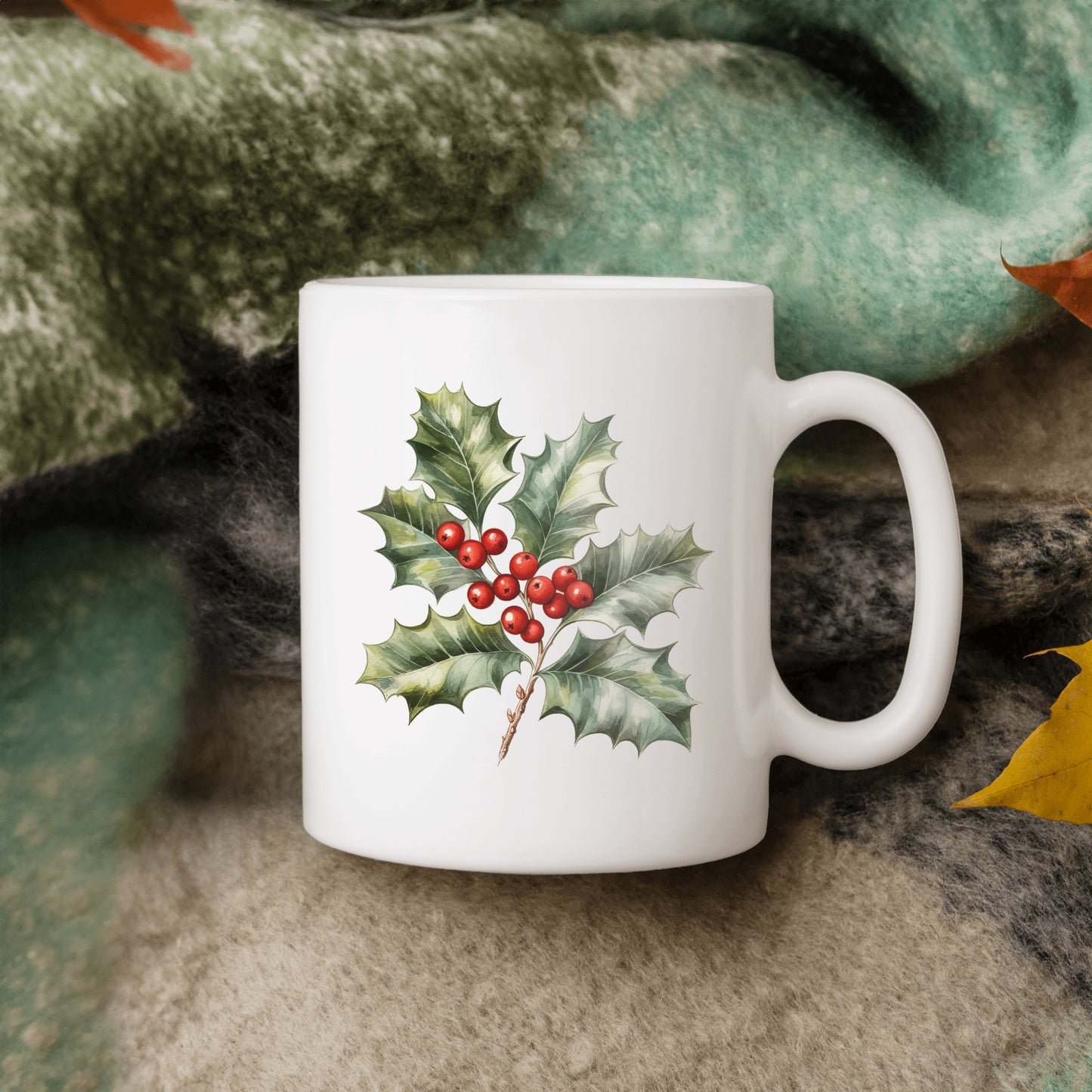 Christmas Holly Berries Mug, Red Green Ivy Holiday Drinkware