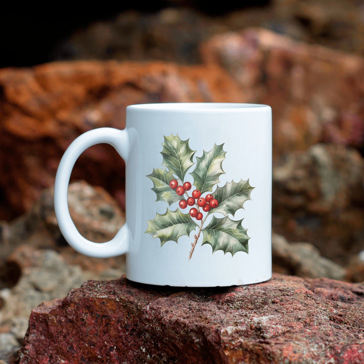 Christmas Holly Berries Mug, Red Green Ivy Holiday Drinkware