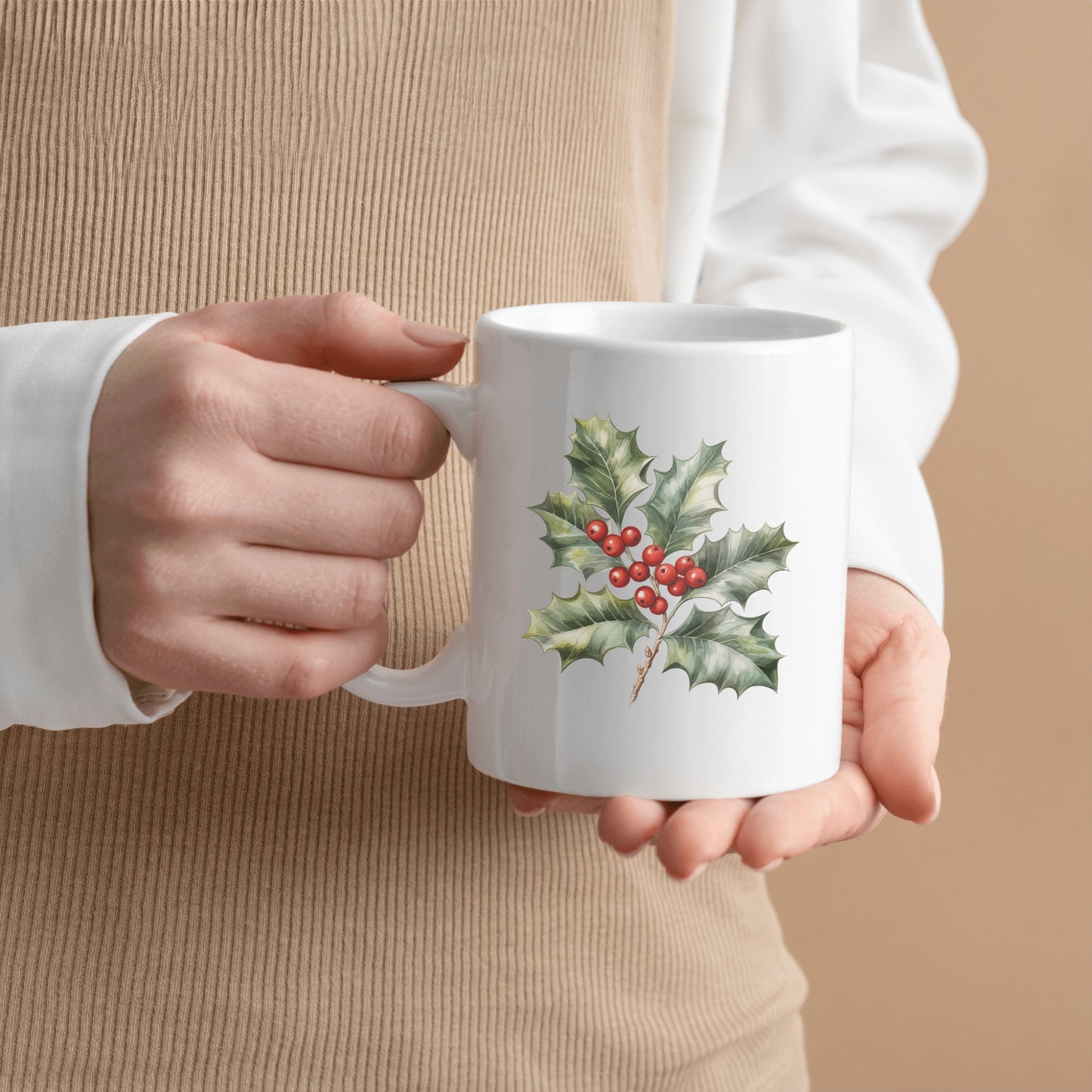 Christmas Holly Berries Mug, Red Green Ivy Holiday Drinkware