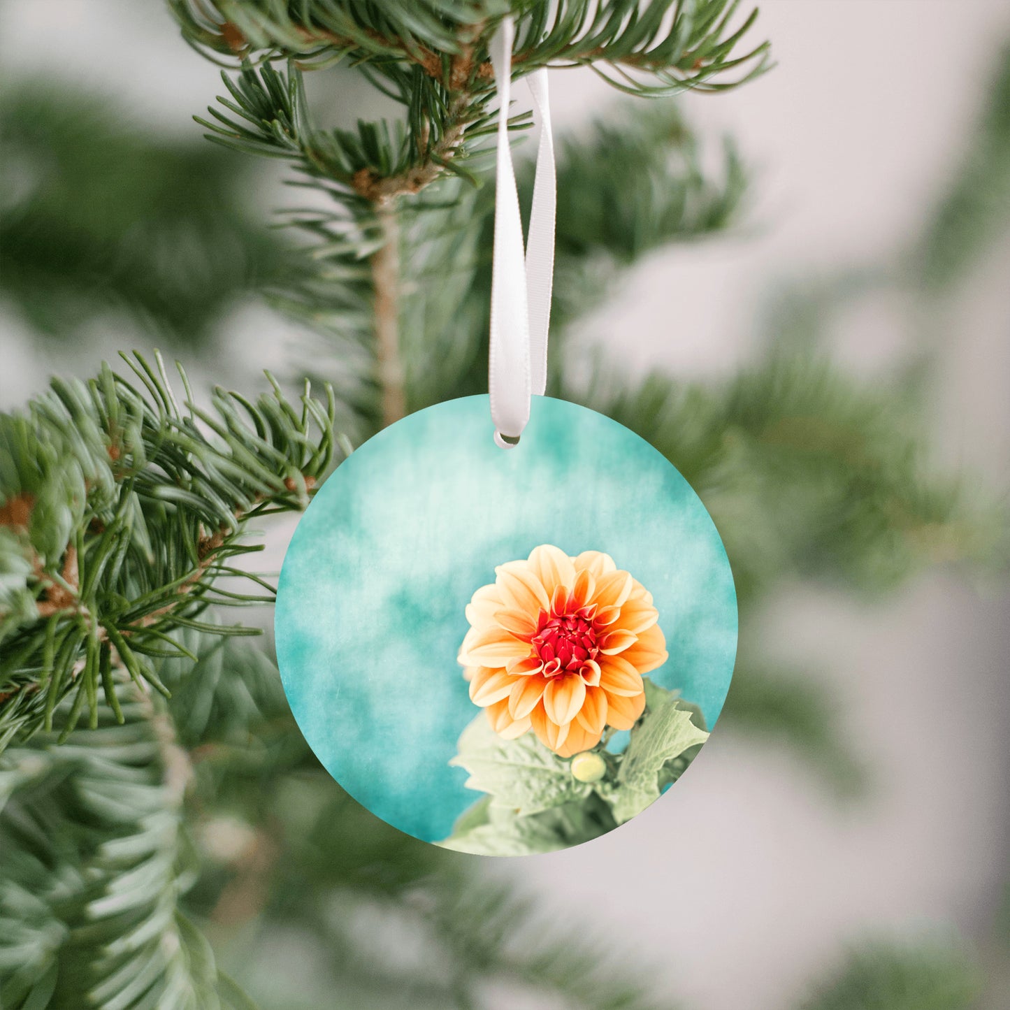 Dahlia Flower Ornament Gift, Turquoise Orange Christmas Tree Decor