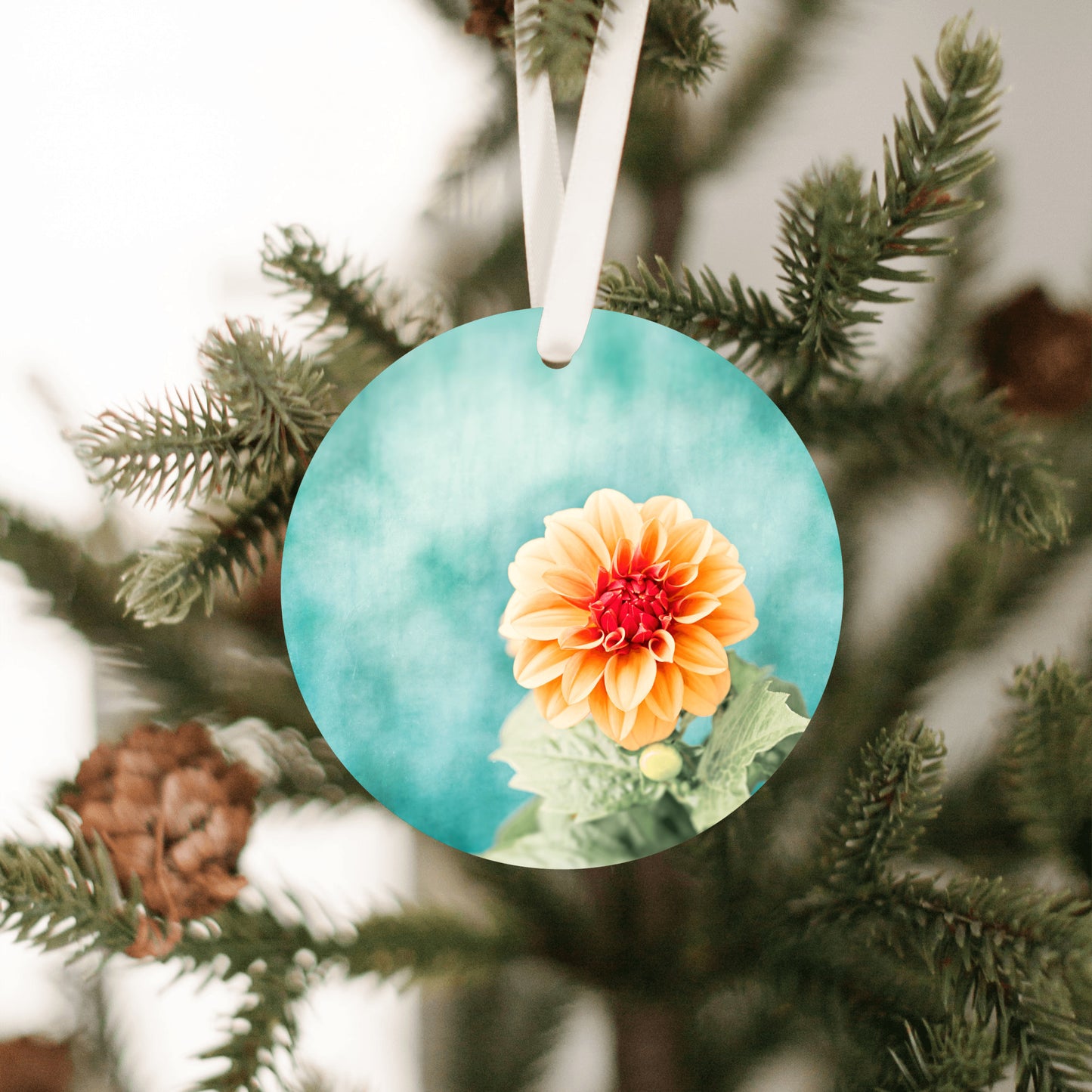 Dahlia Flower Ornament Gift, Turquoise Orange Christmas Tree Decor