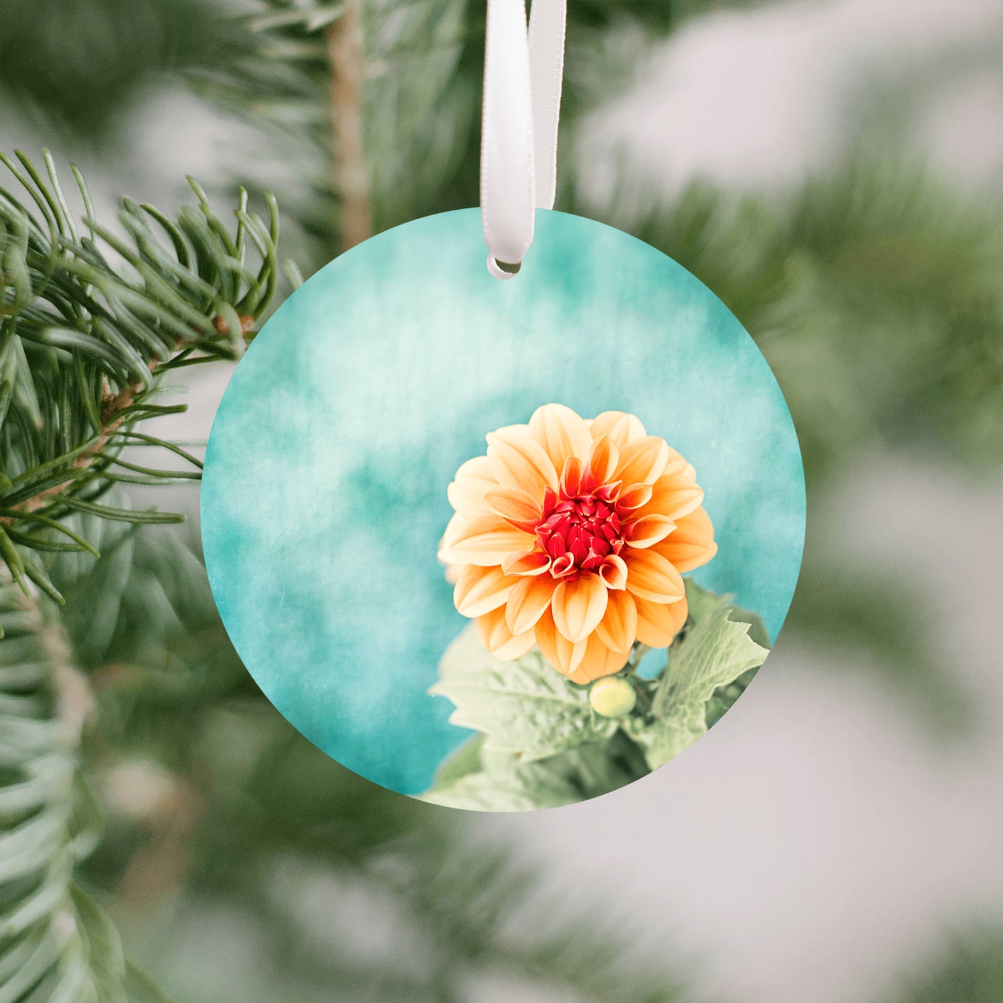 Dahlia Flower Ornament Gift, Turquoise Orange Christmas Tree Decor