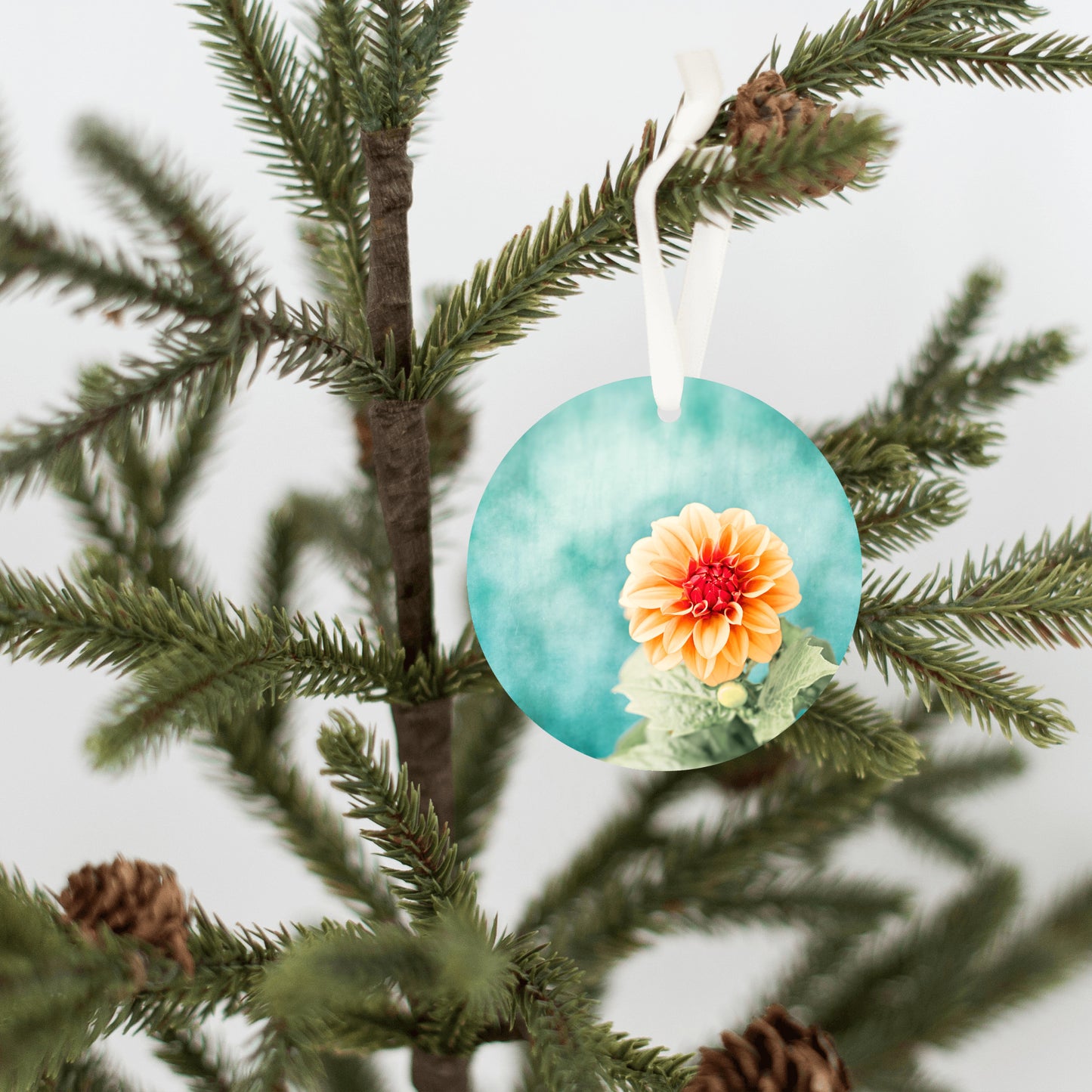 Dahlia Flower Ornament Gift, Turquoise Orange Christmas Tree Decor