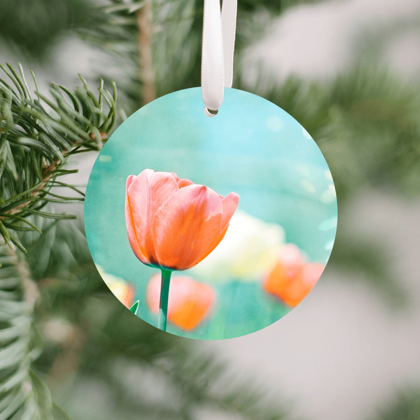 Aqua Orange Flower, Christmas Ornament Gift