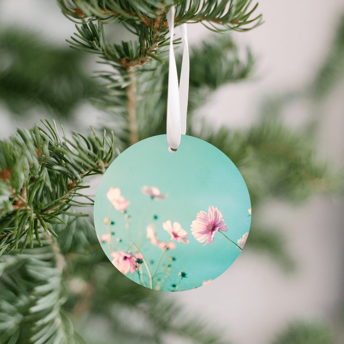 Flower Christmas Ornament, Pastel Pink Teal Gift