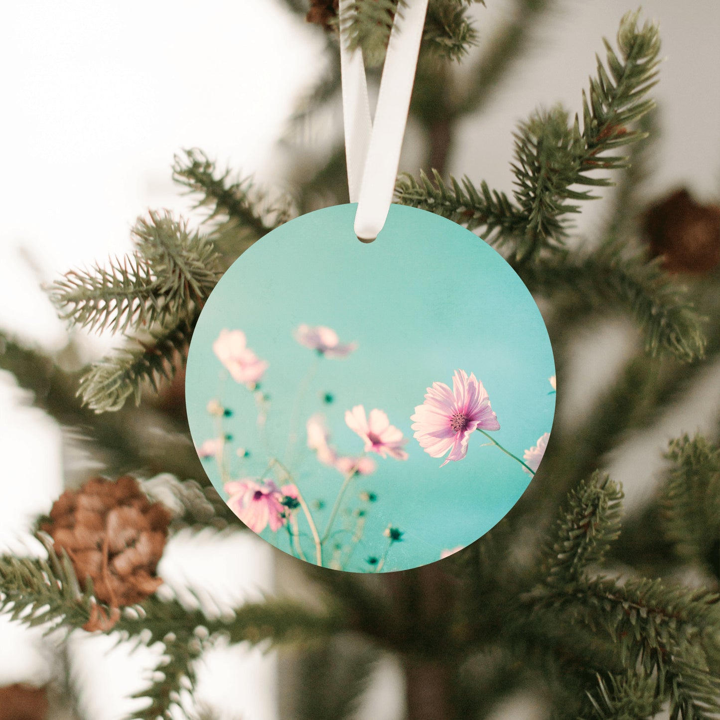Flower Christmas Ornament, Pastel Pink Teal Gift