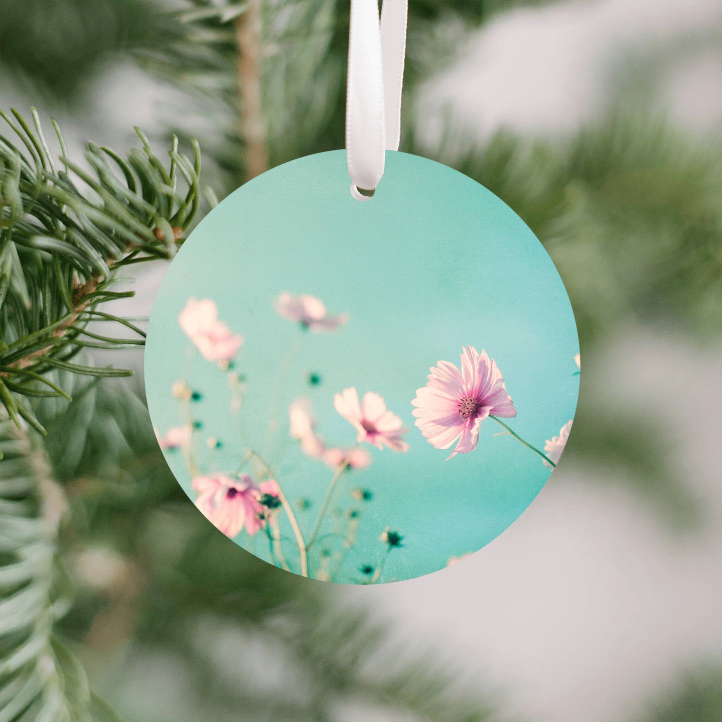 Flower Christmas Ornament, Pastel Pink Teal Gift