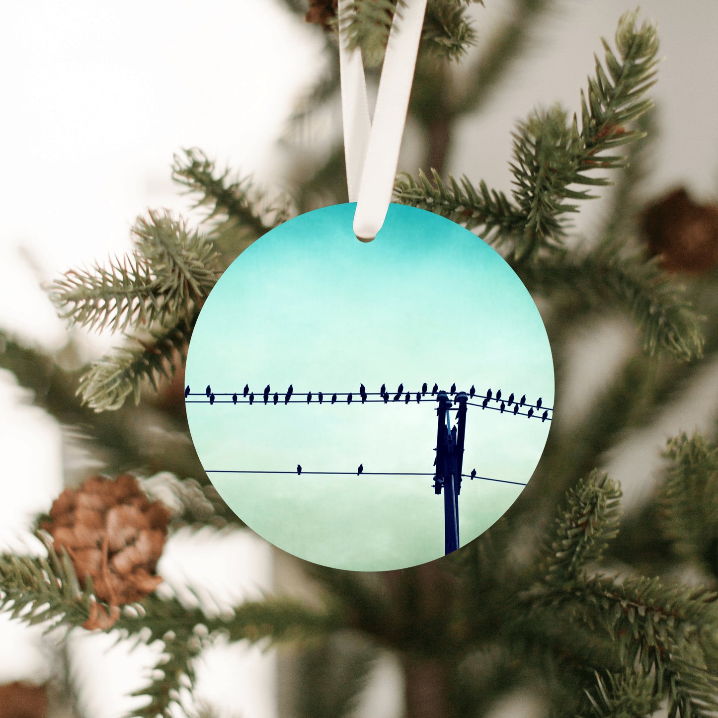 Birds on Wire Ornament, Aqua Teal Christmas Gift
