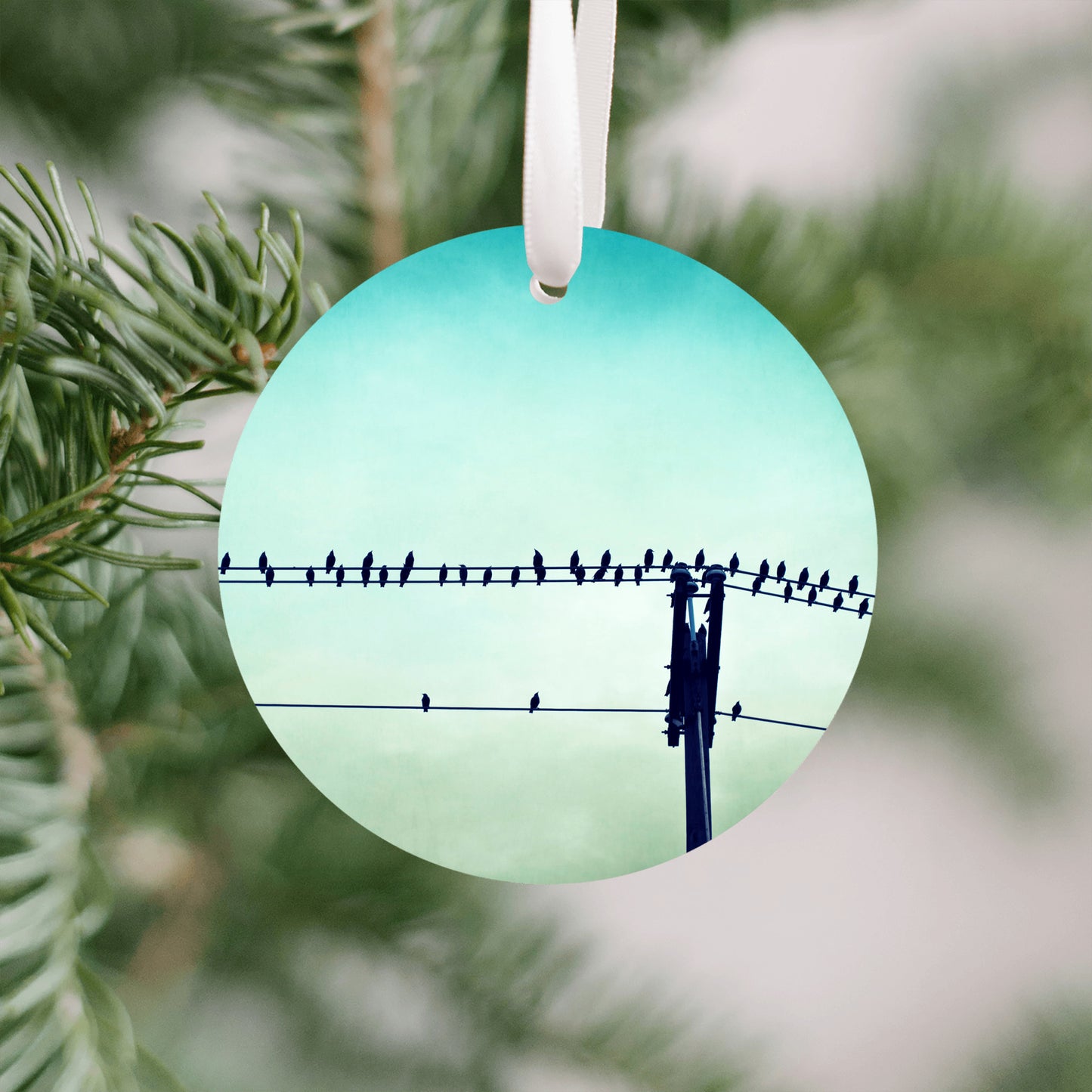 Birds on Wire Ornament, Aqua Teal Christmas Gift