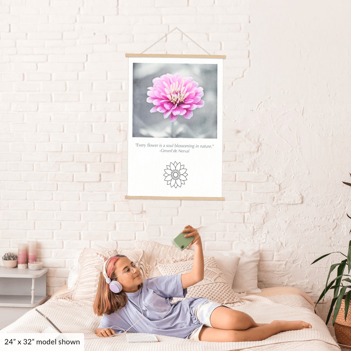 Pink Flower, Grey Canvas Art