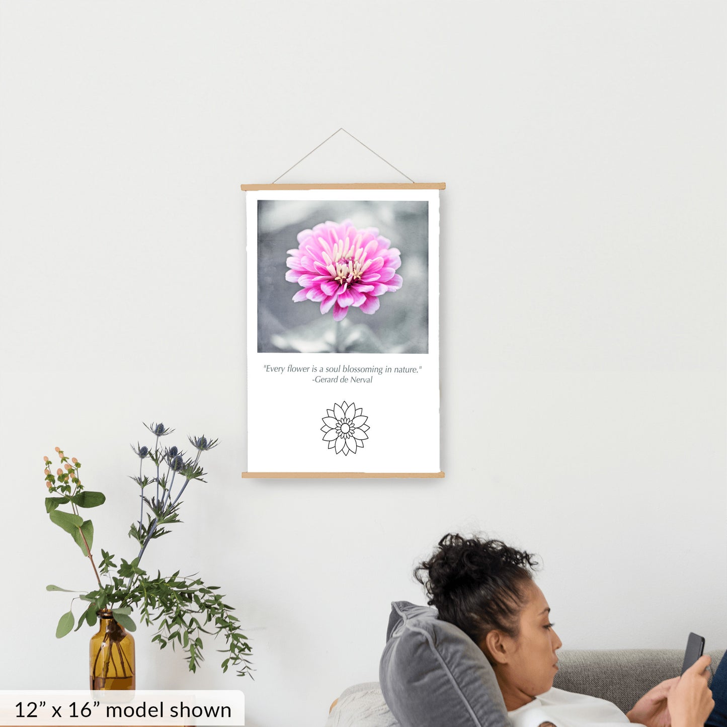 Pink Flower, Grey Canvas Art