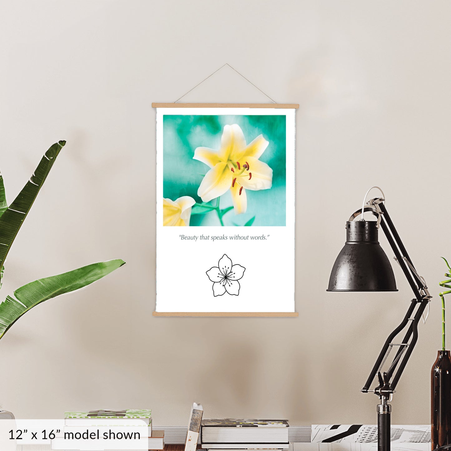 Yellow Lily Flower, Teal Nature Canvas Art