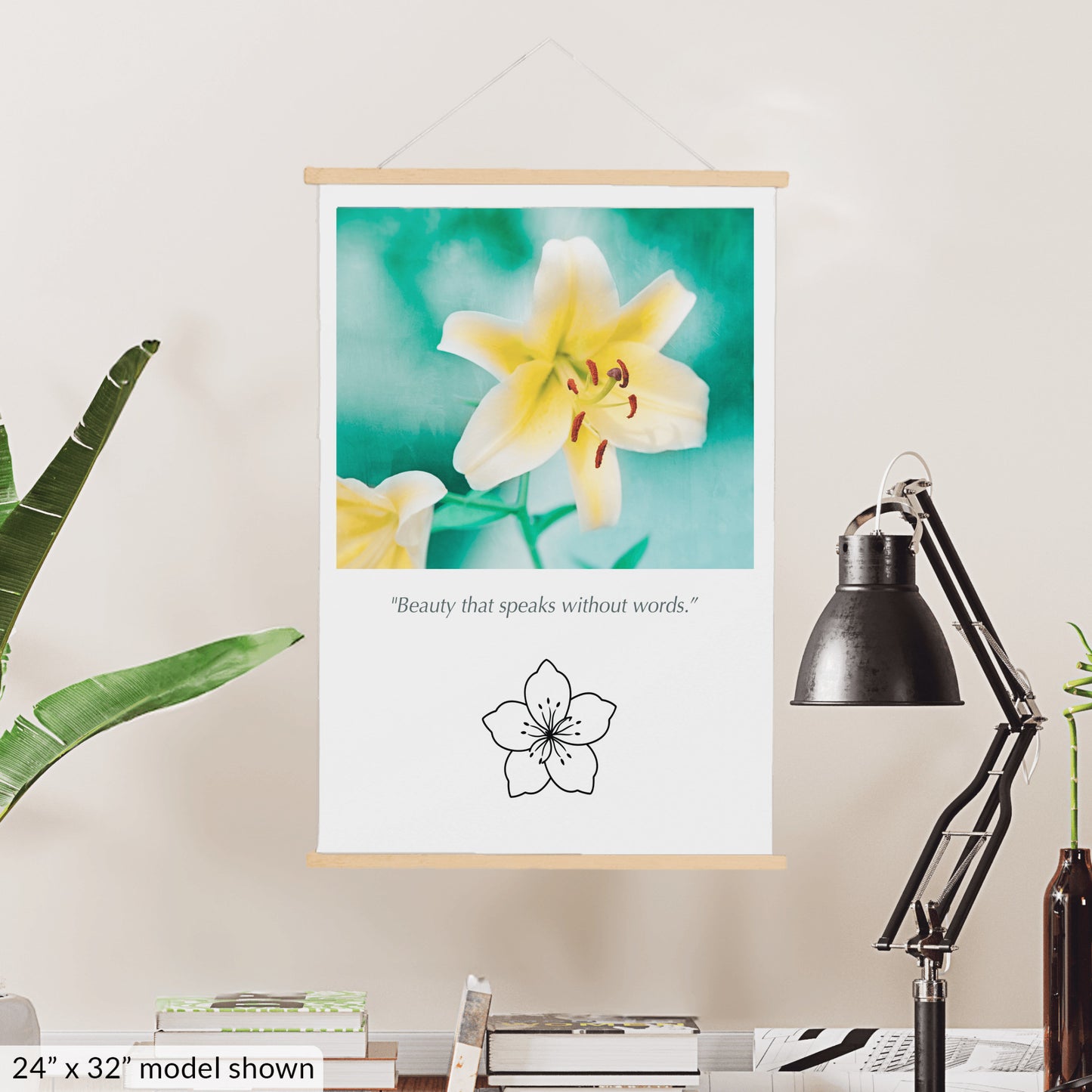 Yellow Lily Flower, Teal Nature Canvas Art