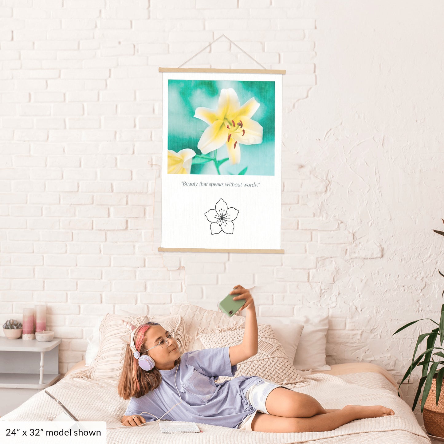 Yellow Lily Flower, Teal Nature Canvas Art