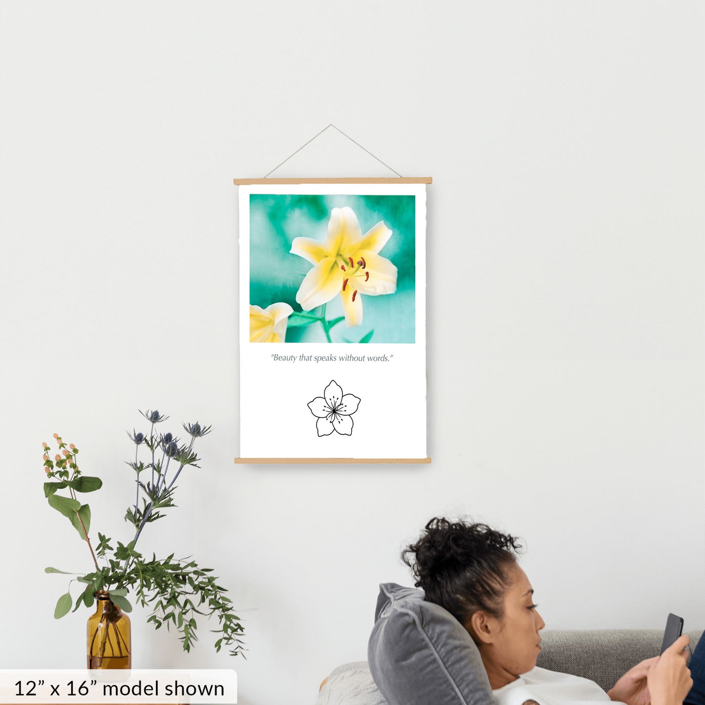 Yellow Lily Flower, Teal Nature Canvas Art