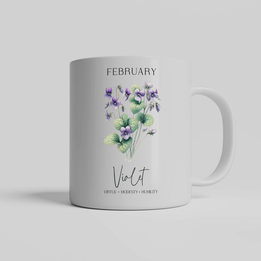 February Birthday Mug, Violet Flowers Drinkware