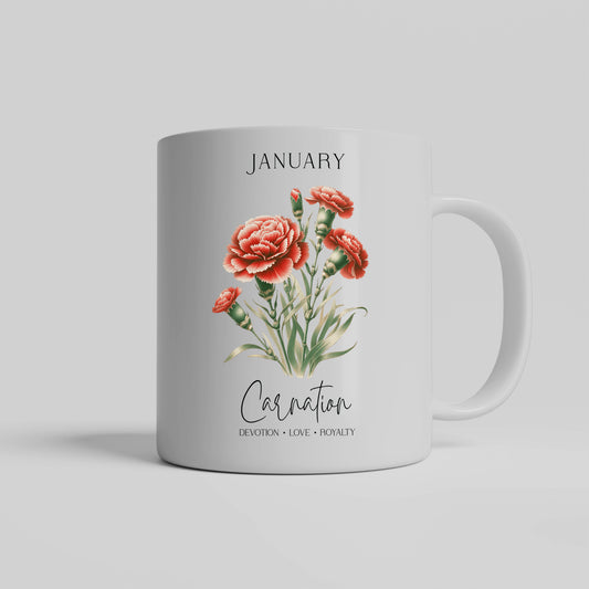 January Birthday Mug, Carnation Flowers Gift