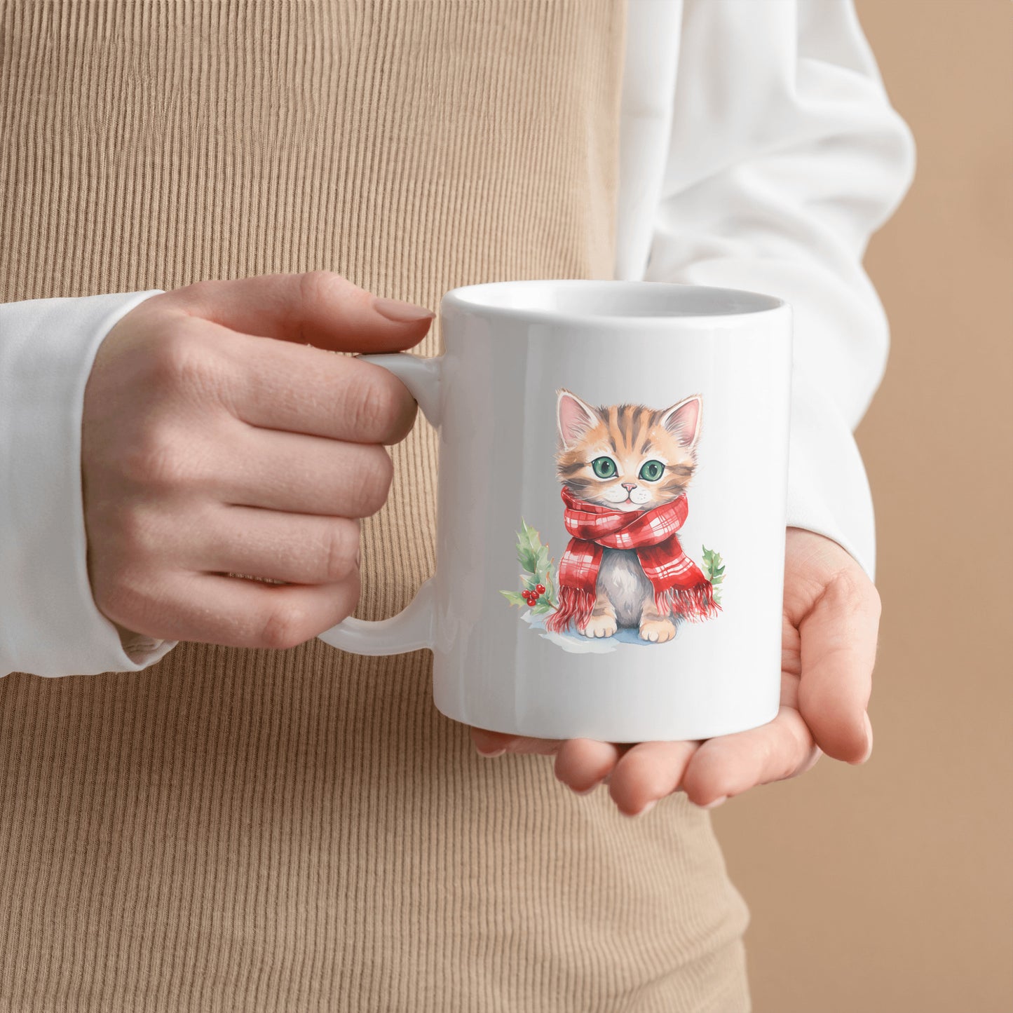 Cute Cat Christmas Mug, Kitten Holiday Kitchen Decor
