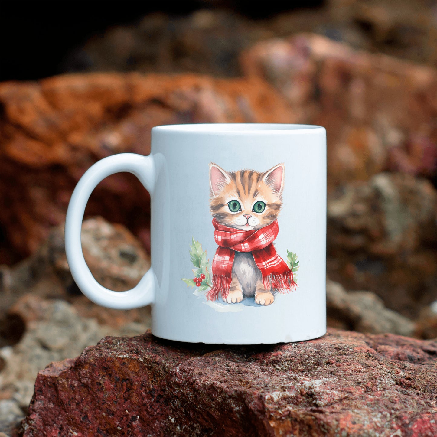 Cute Cat Christmas Mug, Kitten Holiday Kitchen Decor