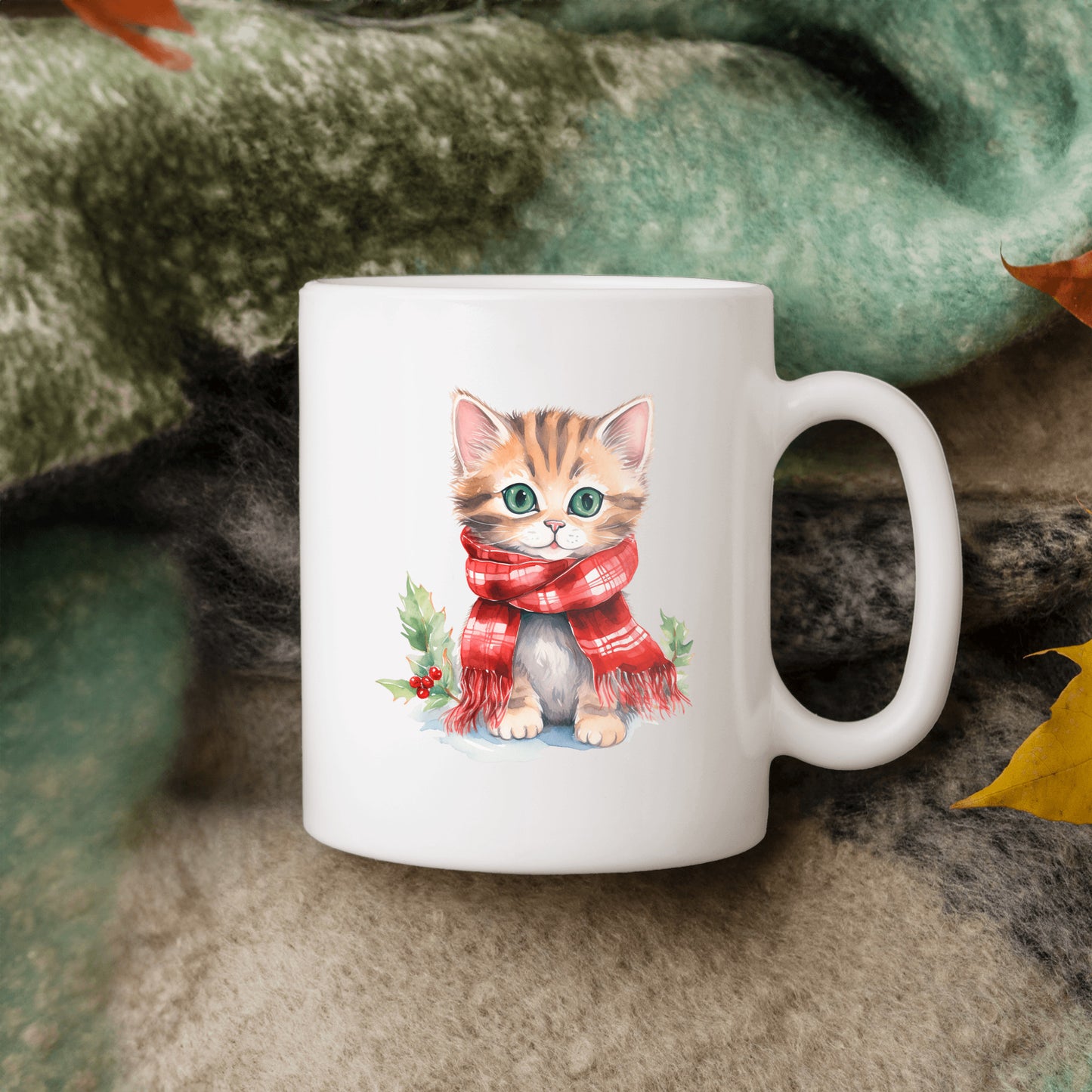 Cute Cat Christmas Mug, Kitten Holiday Kitchen Decor