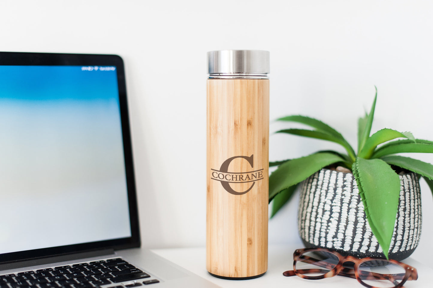 Personalized Water Bottle, Organic Bamboo Exterior