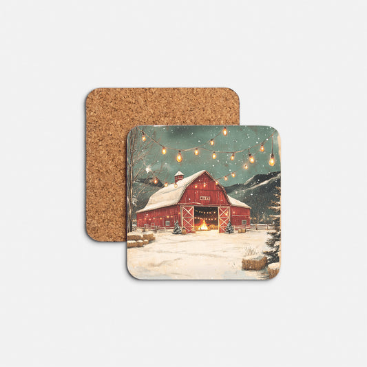 Christmas Holiday Scene, Red Barn Coaster