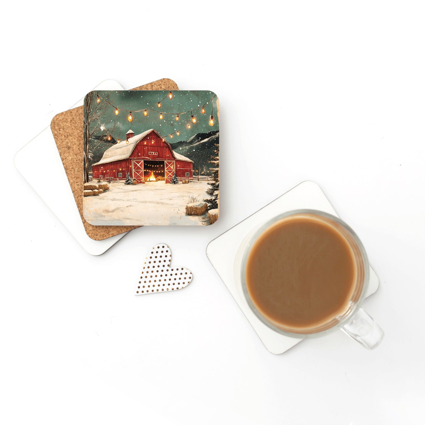 Christmas Holiday Scene, Red Barn Coaster