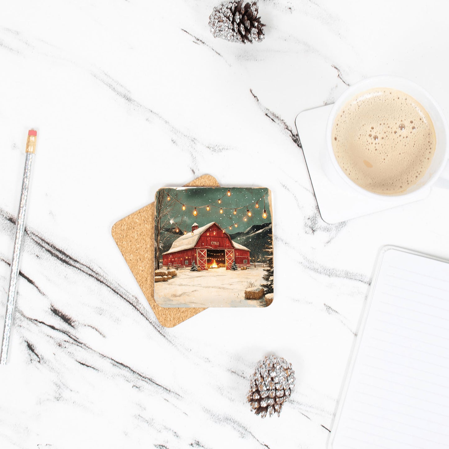 Christmas Holiday Scene, Red Barn Coaster